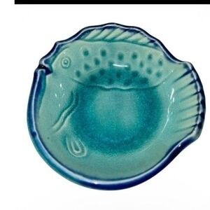 Turquoise Fish Shaped Pottery Trinket Dish Tea Bag Holders Set of 2